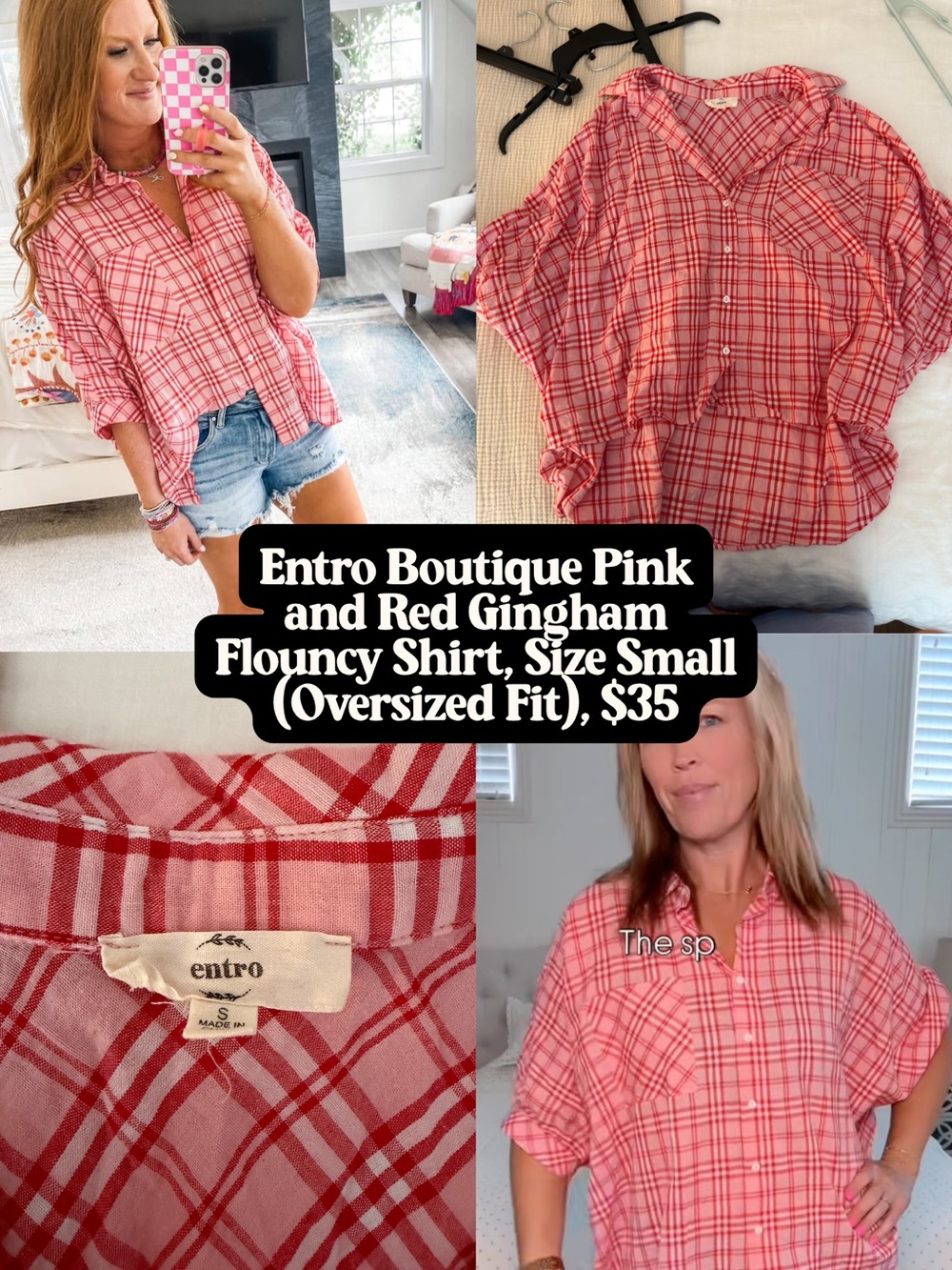 entro Pink and Red Plaid Flowy Button-Up Shirt
